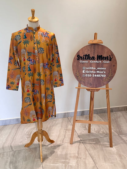 SM0925-01-10 Mustard Heritage Print Cotton Kurta