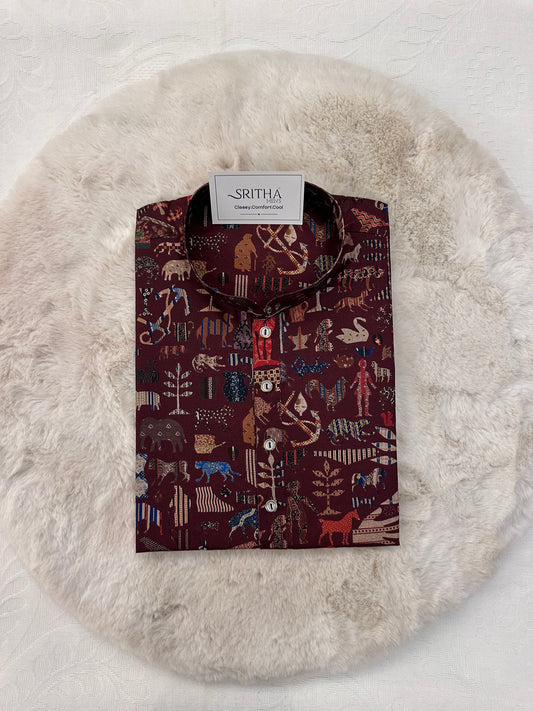 SM0325-01-03 Dark Maroon Ilustration Printed Cotton Kurta