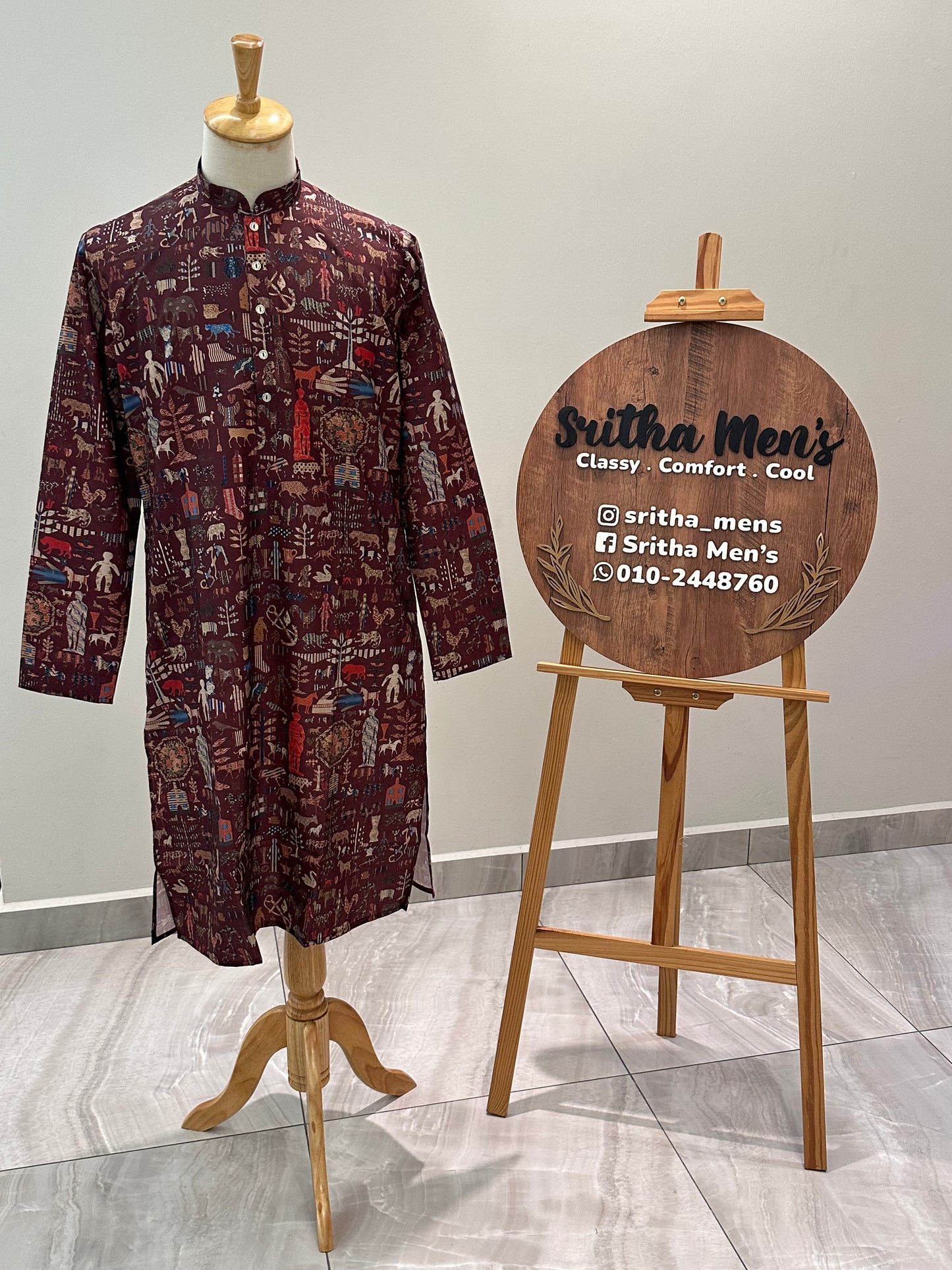 SM0325-01-03 Dark Maroon Ilustration Printed Cotton Kurta