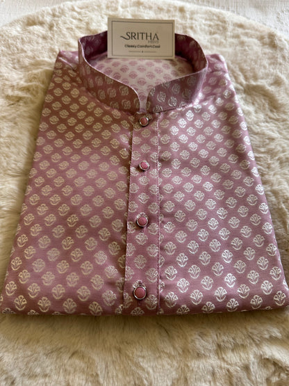 SM0225-02-05 Onion Pink & Silver Jacquard Silk Blend Kurta Set
