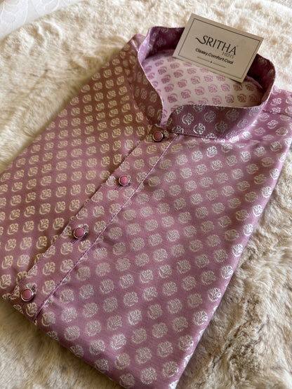 SM0225-02-05 Onion Pink & Silver Jacquard Silk Blend Kurta Set
