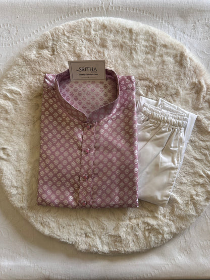 SM0225-02-05 Onion Pink & Silver Jacquard Silk Blend Kurta Set