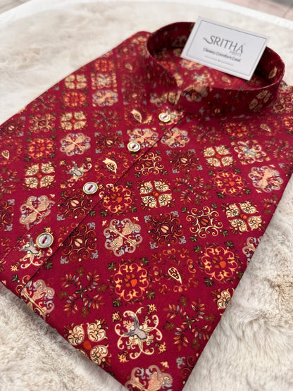 SM0325-01-09 Red Floral Print Cotton Kurta