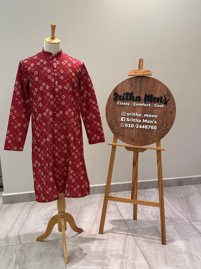 SM0325-01-09 Red Floral Print Cotton Kurta
