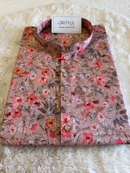 SM0325-01-12 Onion Pink Floral Khadi Silk Kurta