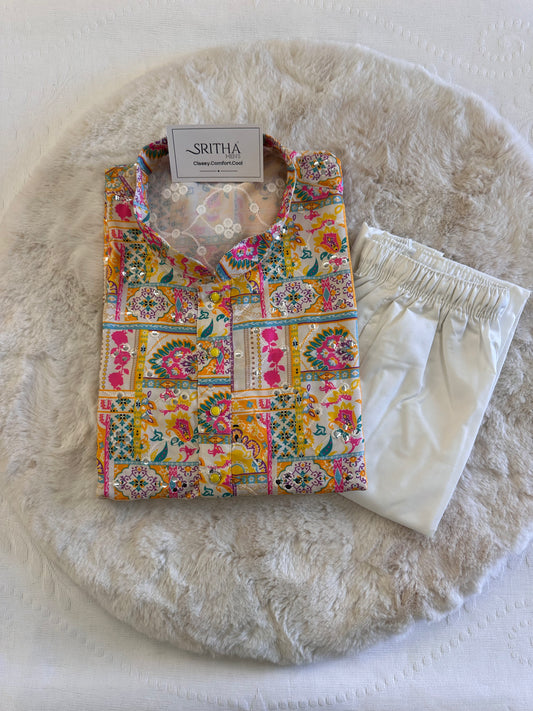 SM0425-02-06 Yellow & Pink With Mirror Work Soft Cotton Set