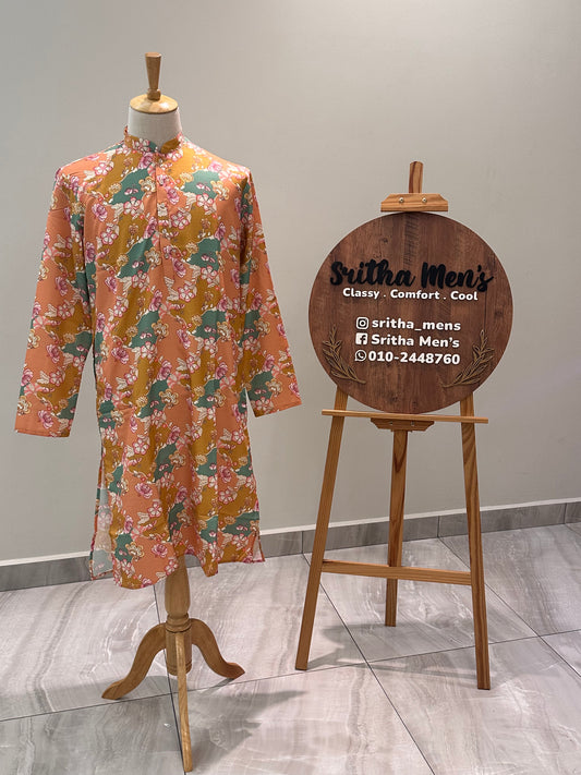 SM0325-01-13 Mustard, Green & Peach Floral Soft Khadi Silk