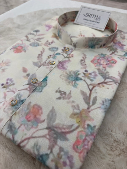 SM0325-01-17 White with Faded Floral Khadi Silk Kurta