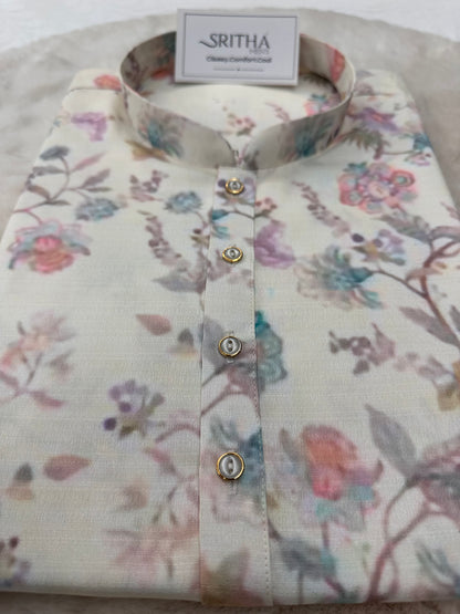 SM0325-01-17 White with Faded Floral Khadi Silk Kurta