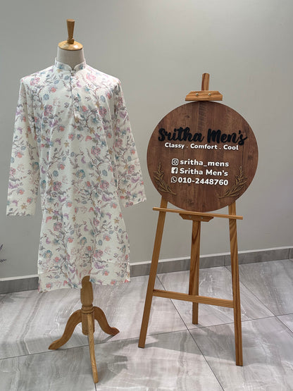 SM0325-01-17 White with Faded Floral Khadi Silk Kurta