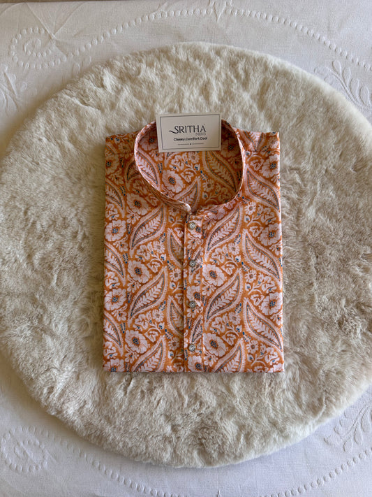 SM0325-01-15 Orange White Floral Khadi Silk Kurta