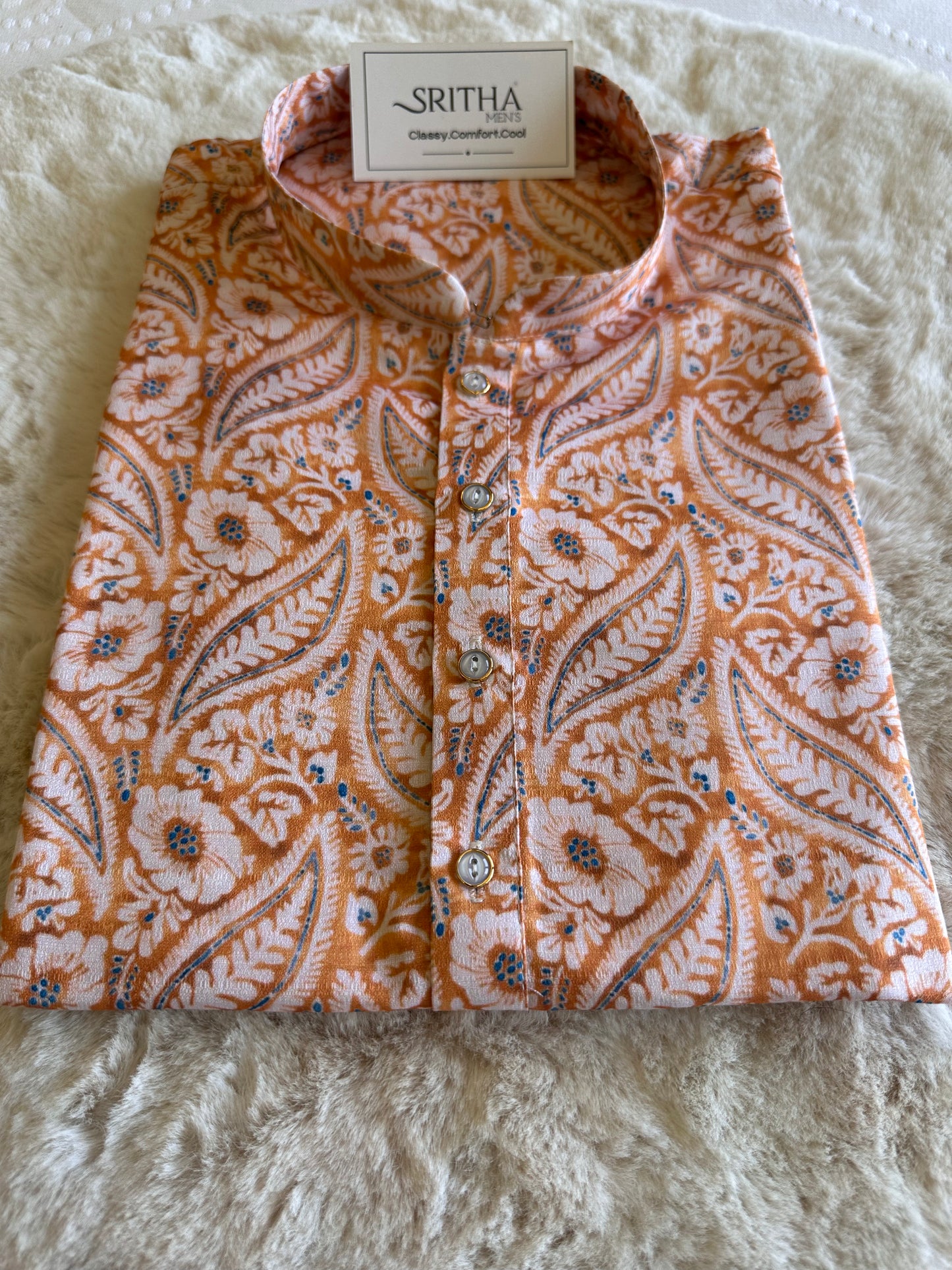 SM0325-01-15 Orange White Floral Khadi Silk Kurta