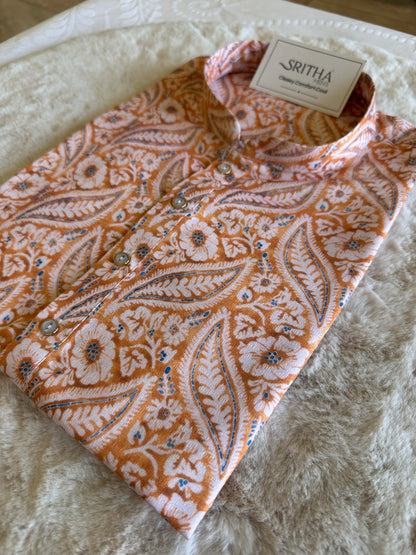 SM0325-01-15 Orange White Floral Khadi Silk Kurta
