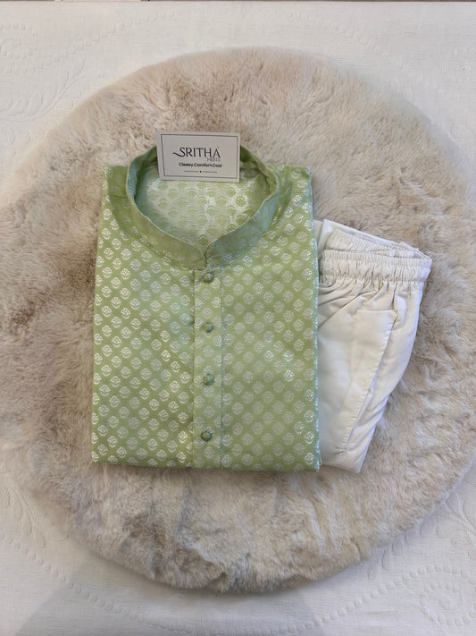 SM0225-02-03 Light Green & Silver Jacquard Silk Blend Kurta Set