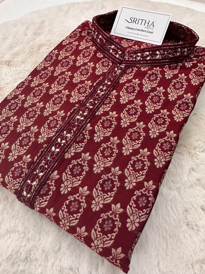 SM0425-02-07 Dark Maroon Red & Gold Jacquard Silk with Full Cotton Lining
