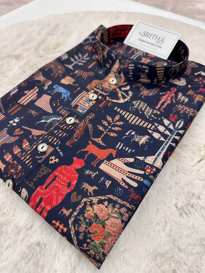 SM0325-01-02 Dark Blue Animal Print Cotton Kurta