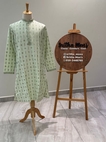 SM0325-06-05 Light Green Grand Mirror Work Soft Cotton Blend Kurta Set