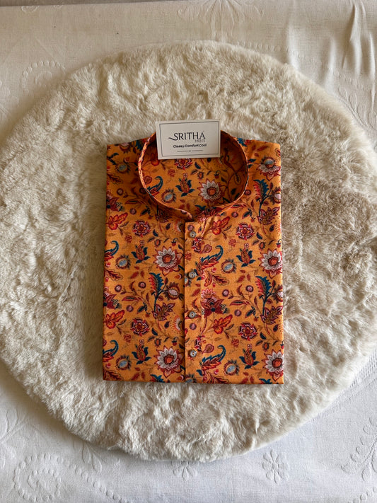SM0325-01-14  Mustard Orange Floral Khadi Silk Kurta