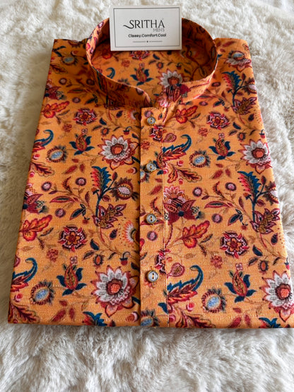 SM0325-01-14  Mustard Orange Floral Khadi Silk Kurta