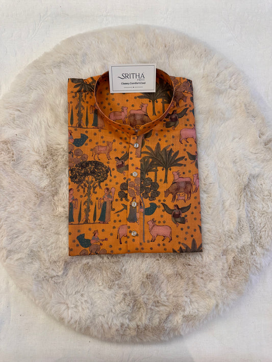 SM0625-01-07 Mustard Orange  Printed Cotton Kurta
