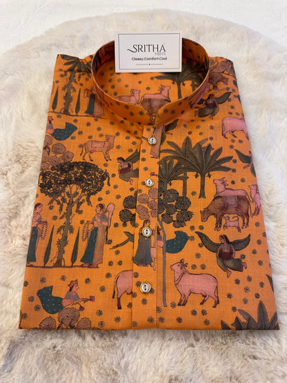 SM0625-01-07 Mustard Orange  Printed Cotton Kurta