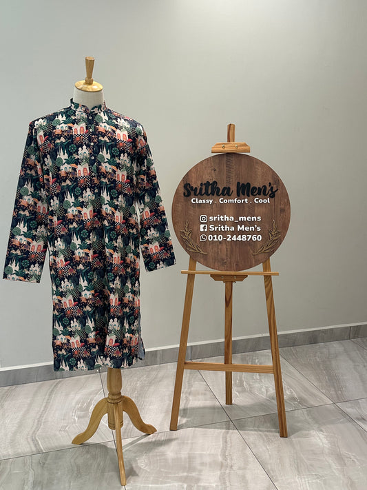 SM0625-01-05 Navy Blue Animal Printed Cotton Kurta
