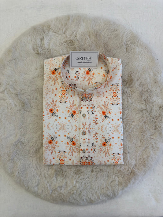 SM0625-01-16 White and Orange Floral Viscose Print Kurta