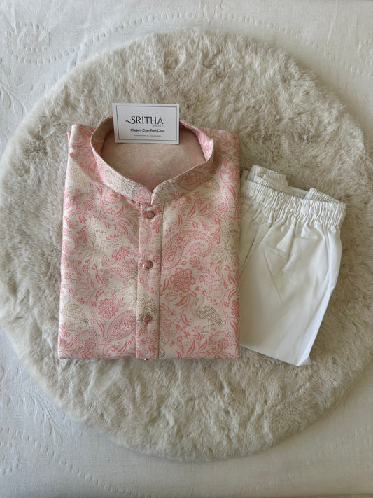 SM0326-02-01 White Pink With Golden Flamingo Jacquard Silk Kurta Set