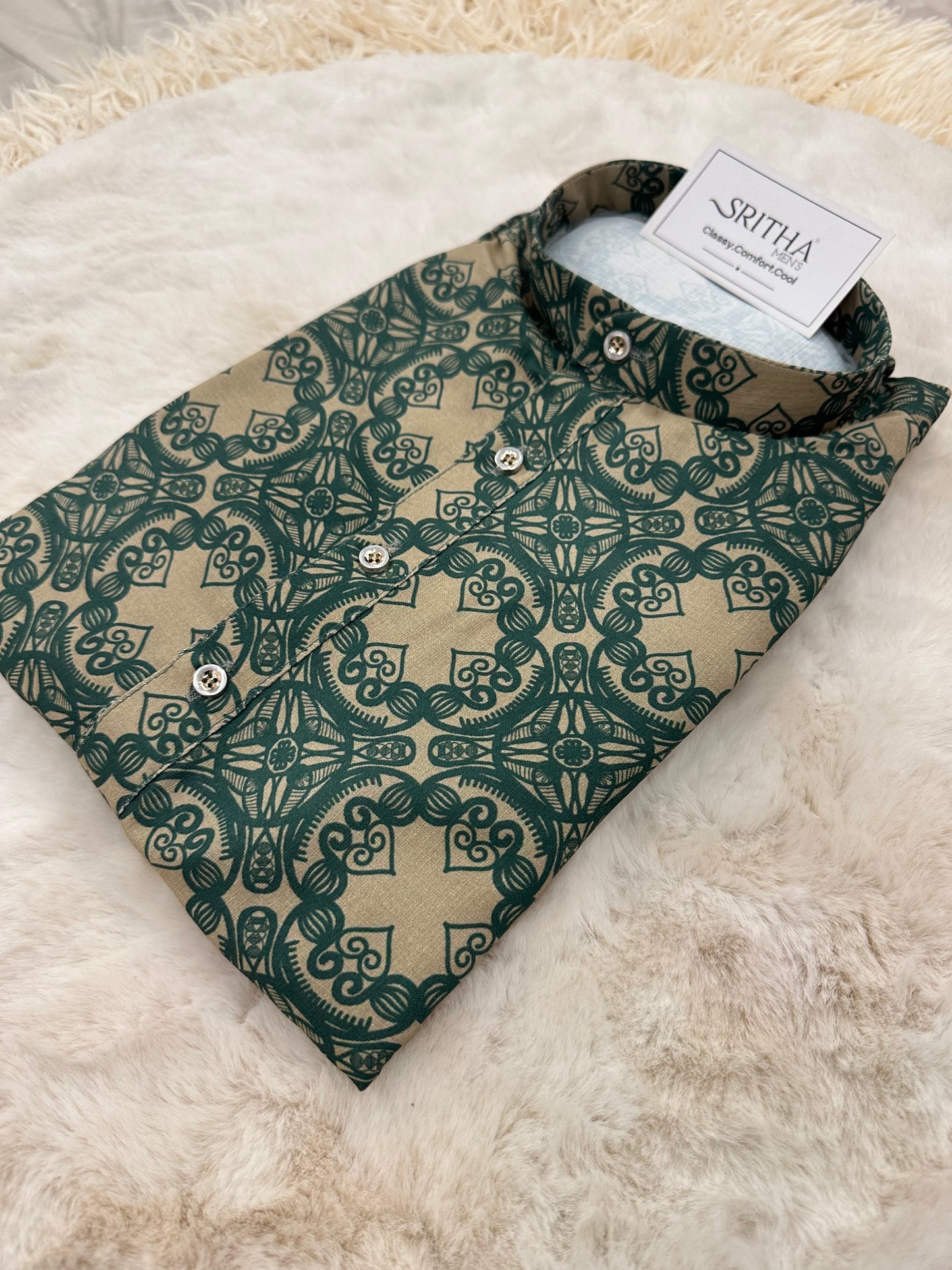 SM0924-01-05 Light Khaki & Green Viscose Kurta