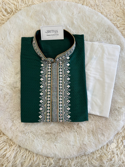 SM0424-04-02 Dark Green & Pink Embroidery Work Silk Blend Kurta Set