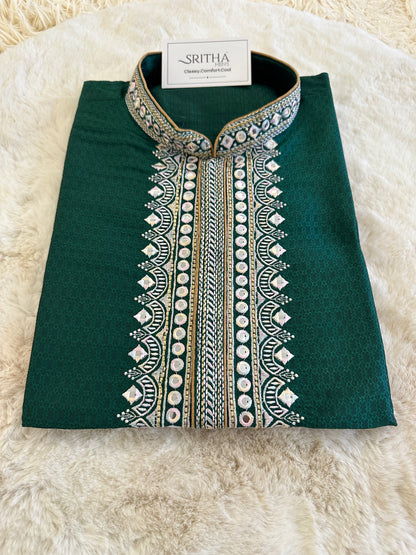 SM0424-04-02 Dark Green & Pink Embroidery Work Silk Blend Kurta Set