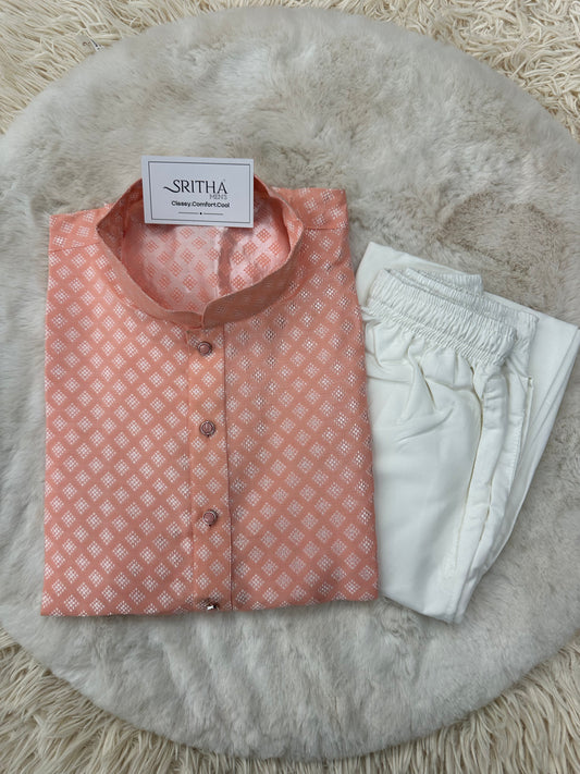 SM1024-02-07 Peach Pink Jacquard Silk Blend Kurta Set