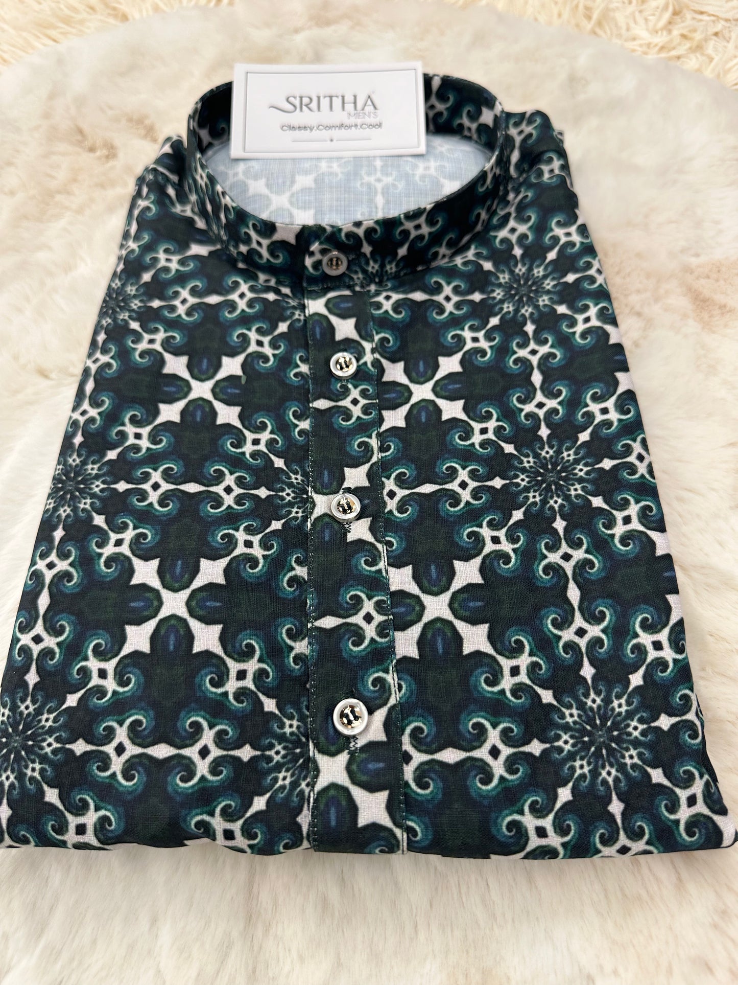 SM0924-01-06 Green & White Print Viscose Kurta