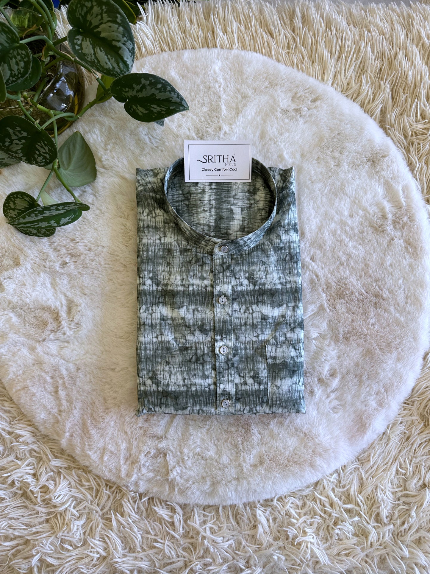 SM0324-01-03 Green White Cotton Short Kurta