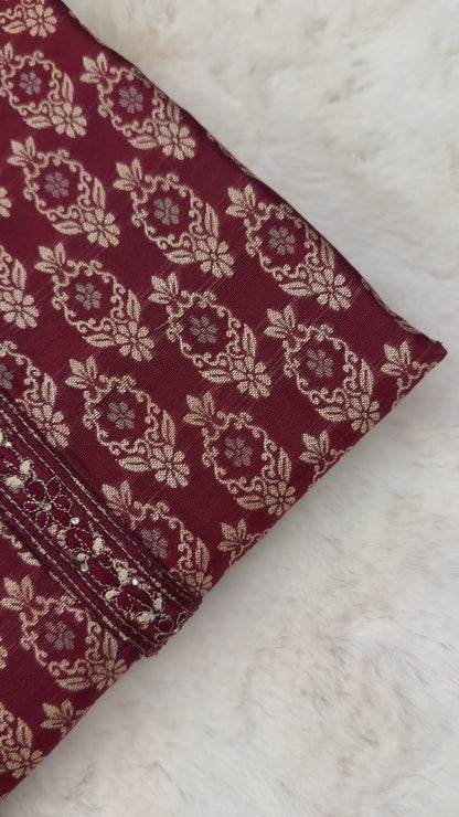SM0425-02-07 Dark Maroon Red & Gold Jacquard Silk with Full Cotton Lining