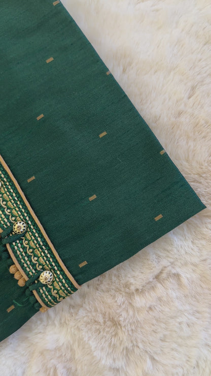 SM0724-04-01 Dark Green & Gold Silk Blend Kurta Set