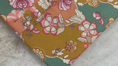 SM0325-01-13 Mustard, Green & Peach Floral Soft Khadi Silk