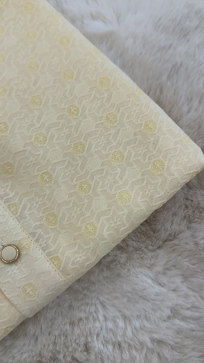 SM0724-02-10 Cream & Yellow Jacquard Silk Kurta Set